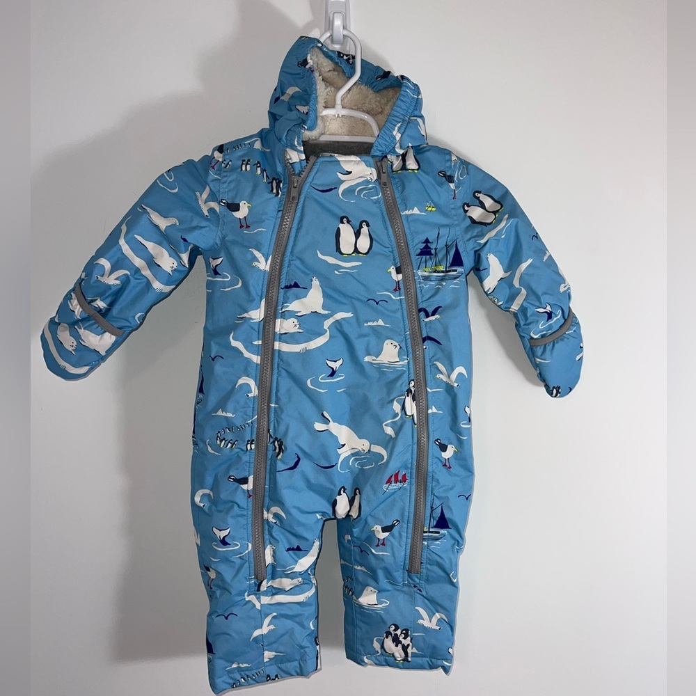 BABY BODEN Blue Penguin-Print Insulated Kids One-Piece Snowsuit 12-18 months